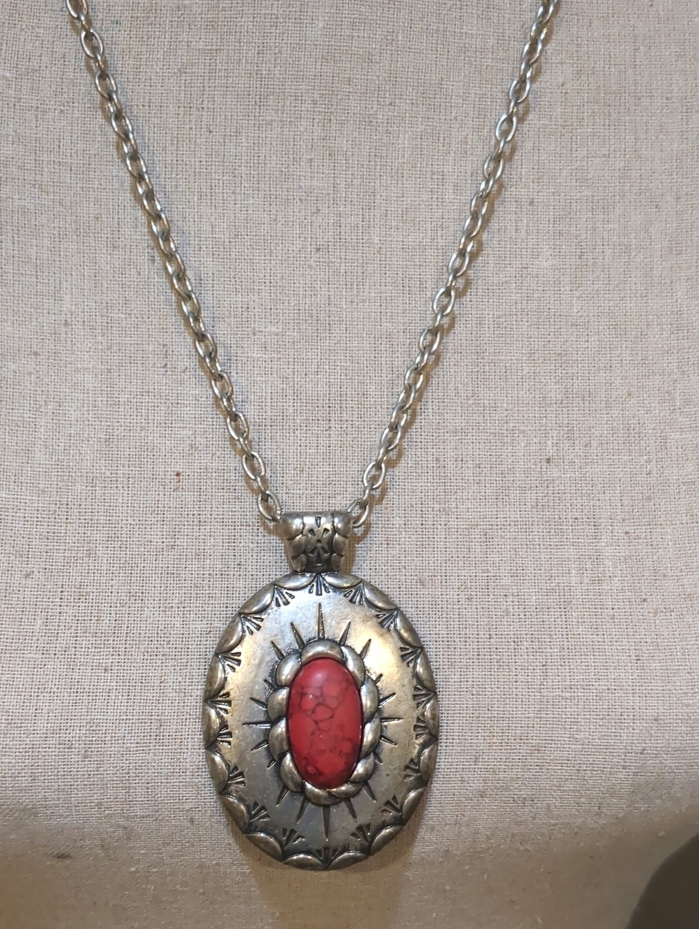 Vintage Red and Silver-tone Oval Stone Pendant Necklace